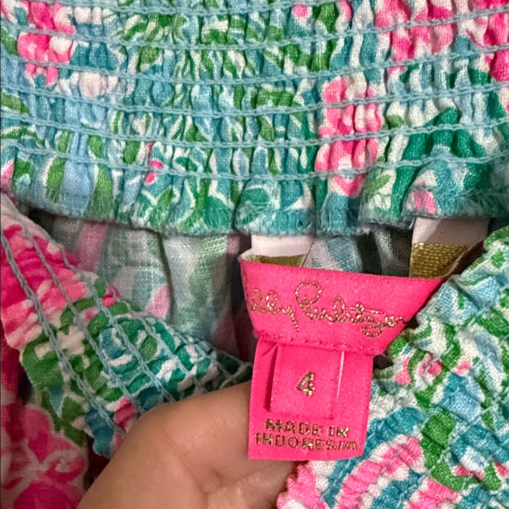 Lilly Pulitzer Pink & Aqua Floral Puff-Sleeve Off-Shoulder Linen Top - Picture 2 of 3